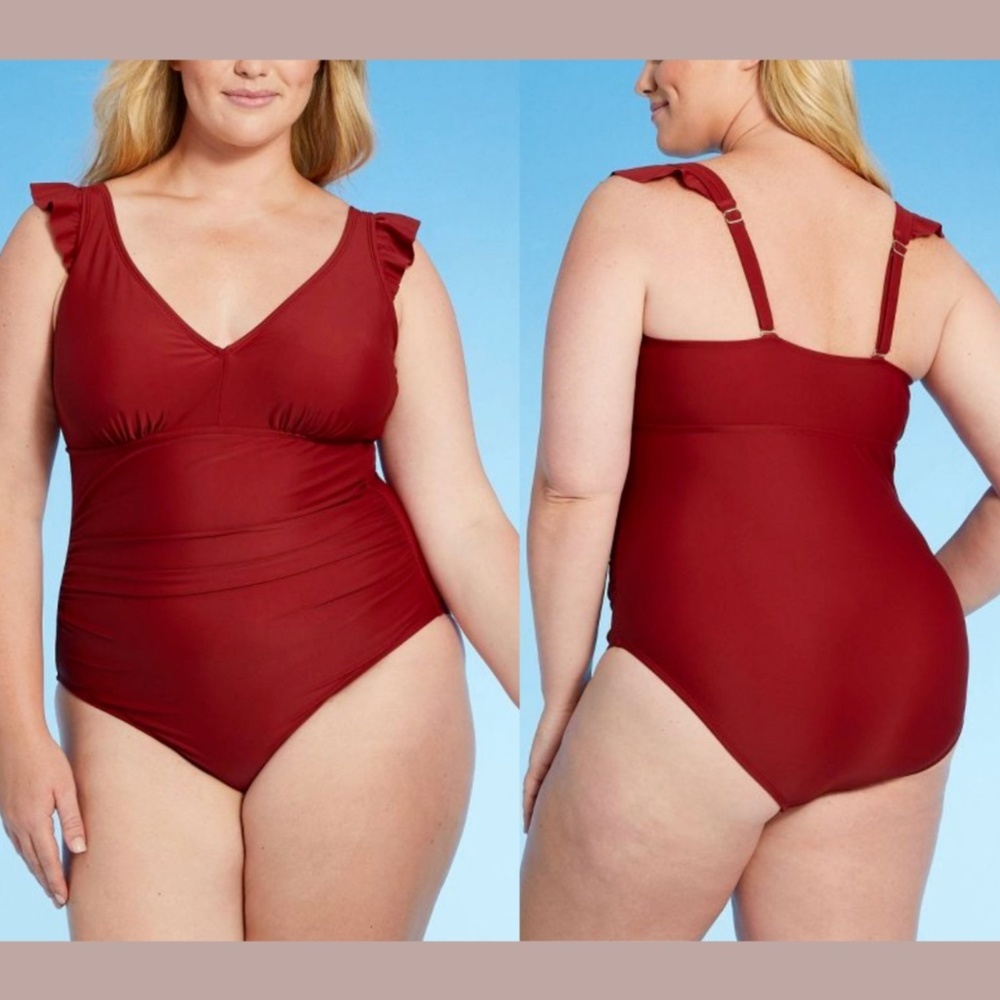 NEW Kona Sol [ Plus‎ 22W ] Cap Sleeve Plunge One Piece Swimsuit Burgundy